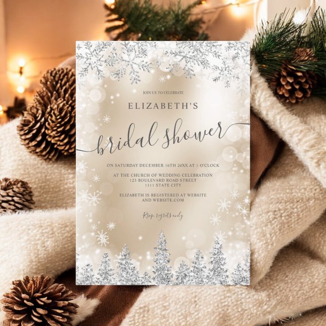 Silver gold foil snow pine winter bridal shower invitation (Silver gold foil snow pine winter bridal shower invitation)