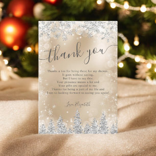 Silver gold foil snow pine winter bridal shower thank you card