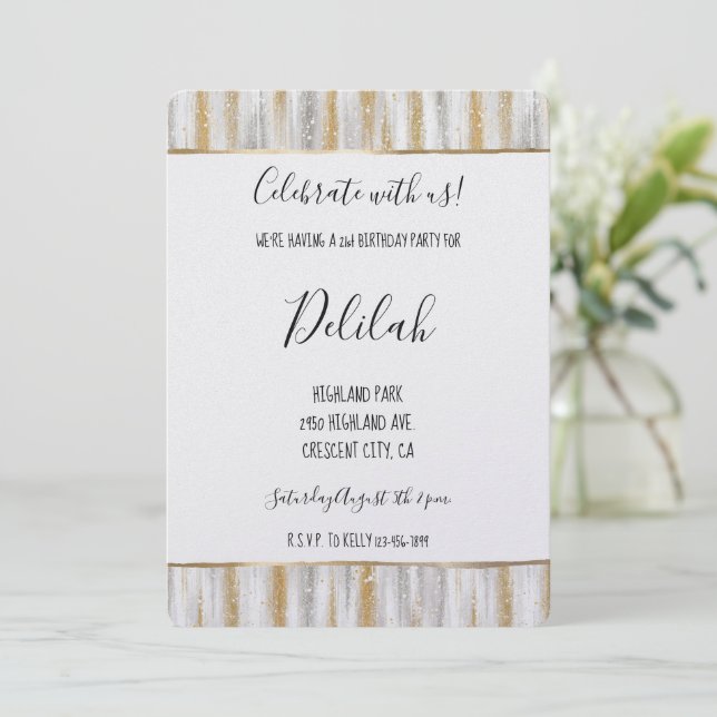 Silver Gold Glam Stripes Birthday Invitation (Standing Front)