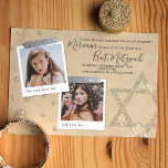 Silver, Gold Glitter Bat Mitzvah Invitation<br><div class="desc">Scrapbook style Bat Mitzvah invitation with pewter and silver glitter artwork. Cute square photos with star of David artwork on faux suede texture is a beautiful vintage look for your birthday celebration. Captions written on photos can be changed to any beautiful wording you choose. Easily upload your photos into the...</div>