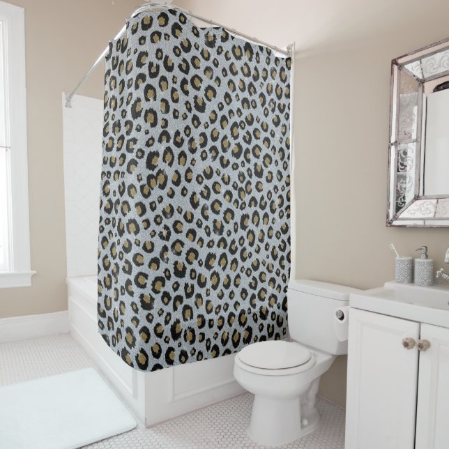 Silver Gold Glitter Black Leopard Print Shower Curtain (In Situ)