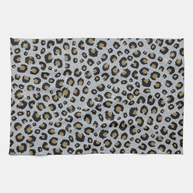 Silver Gold Glitter Black Leopard Print Tea Towel (Horizontal)