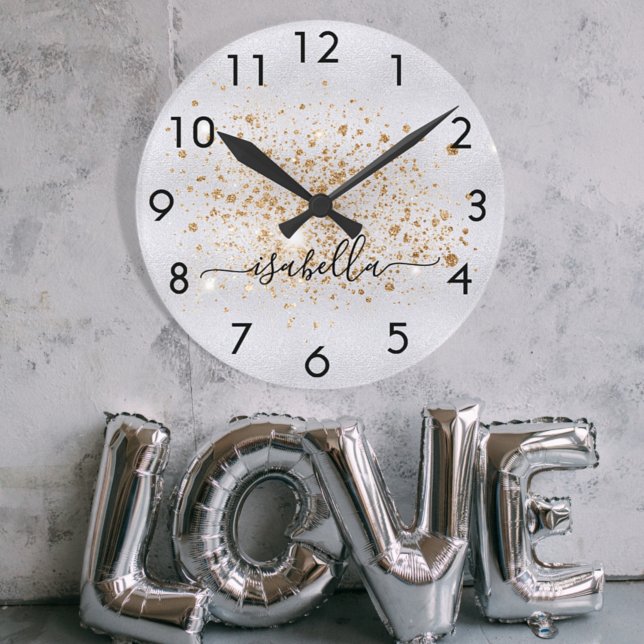 Silver gold glitter dust metal name script round clock (Creator Uploaded)