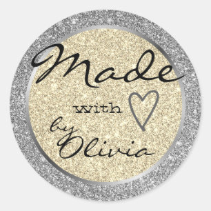 Silver Gold Glitter Made with Love Heart Symbol Classic Round Sticker