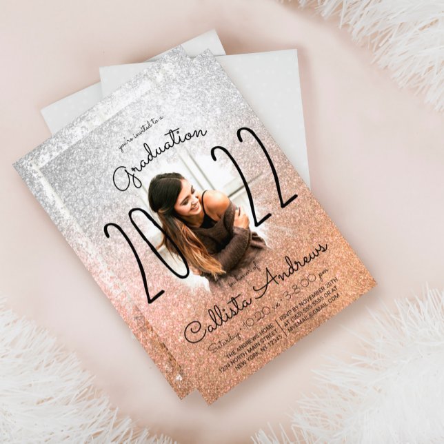 Silver Gold Glitter Ombre Halo Photo Graduation Invitation (Creator Uploaded)