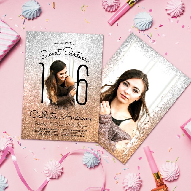 Silver Gold Glitter Ombre Halo Photo Sweet 16 Invitation (Creator Uploaded)