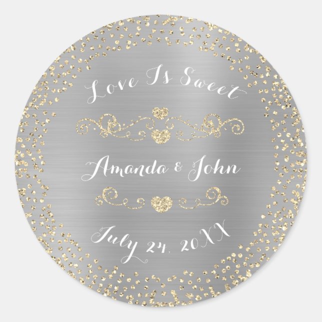 Silver Gold Glitter Save the Date Love Is Sweet Classic Round Sticker (Front)