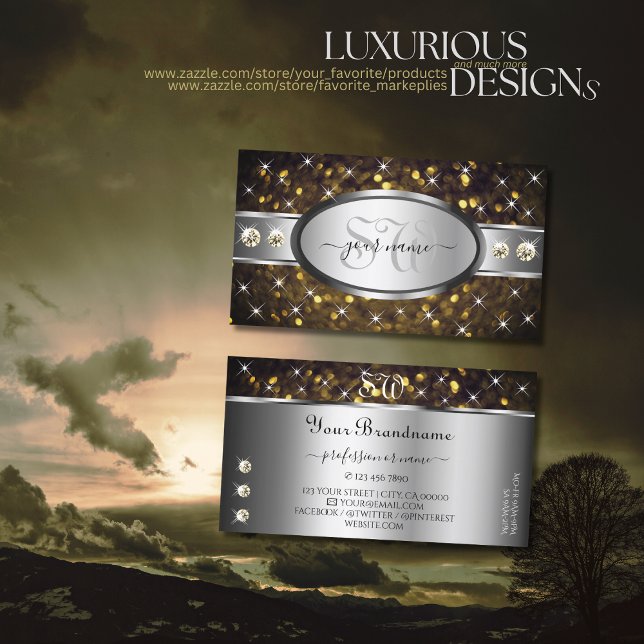 Silver Gold Glitter Sparkle Rhinestones Monogram Business Card (Creator Uploaded)