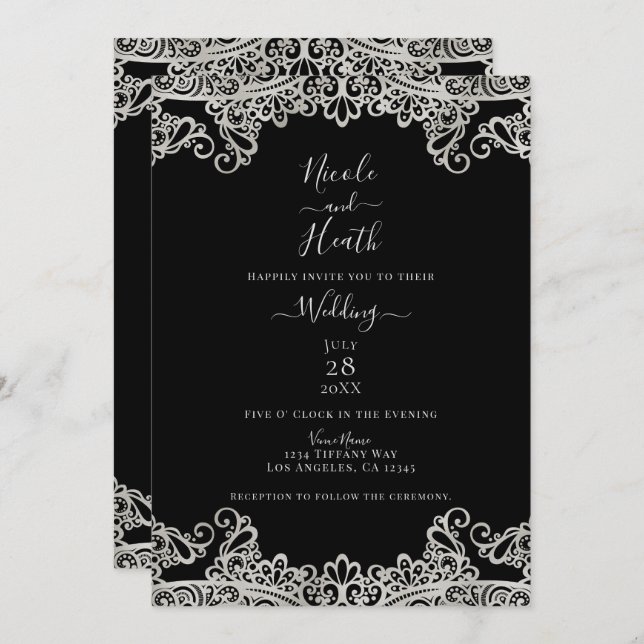Silver & Gold Lace Elegant Wedding  Invitation (Front/Back)