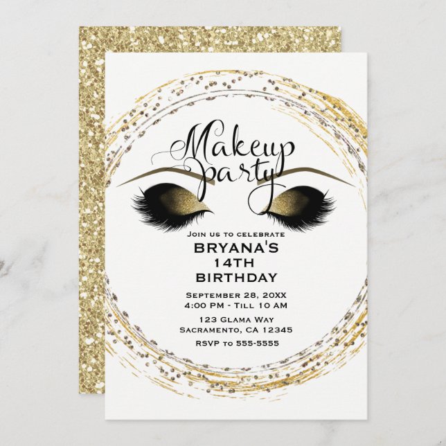 Silver & Gold Makeup Eyelashes Glam Beauty Party Invitation (Front/Back)