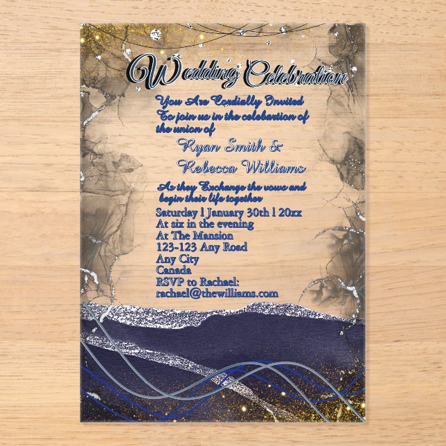 Silver Gold Navy Clear Acrylic Wedding Invitation (Front)