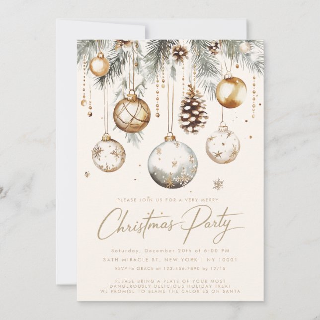 Silver Gold Ornaments Baubles Christmas Party Invitation (Front)