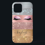 Silver Gold Rose Gold Glitter Beauty Eyelash iPhone 12 Case<br><div class="desc">Modern, glam, faux silver, gold and rose gold colour glitter stripes iphone case. This design features faux sparkle glitter stripes and brushed metal in silver, gold, and blush pink rose gold colour glitter, eyelashes, name text template. The name is written with a beautiful hand lettered style script. Perfect for girls,...</div>