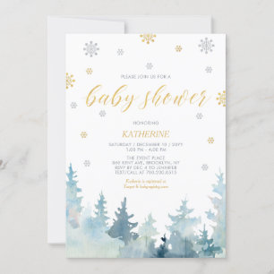 Silver & Gold, Snowflake Winter Forest Baby Shower Invitation