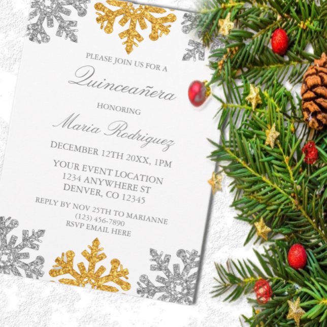 Silver Gold Snowflake Winter Quinceanera Invitation (Creator Uploaded)