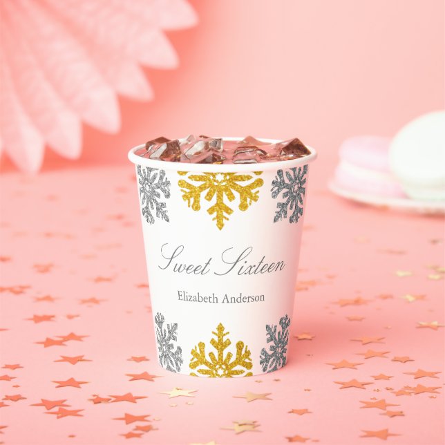 Silver Gold Snowflake Winter Sweet 16 Paper Cups (Insitu)