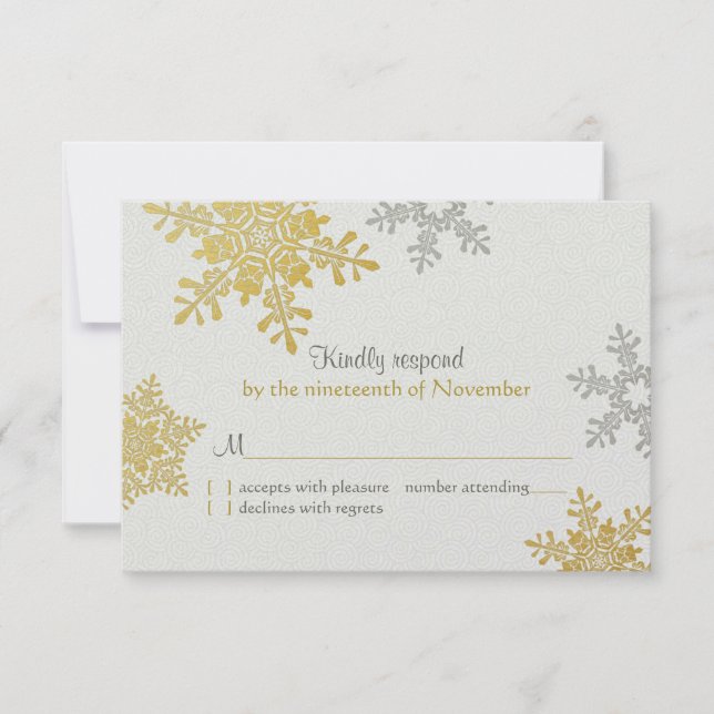 Silver Gold Snowflake Winter Wedding Reply Card (Front)