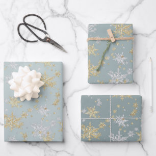 Silver & Gold Snowflakes Tones Of Slate Green Wrapping Paper Sheet