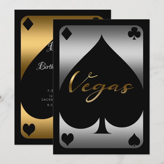 Silver & Gold Spade Casino Las Vegas 21st Birthday Invitation (Front/Back)
