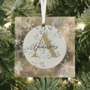 Silver Gold Sparkle Christmas Monogram Family Glass Tree Decoration