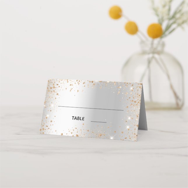 Silver gold sparkles names wedding place card (Front)
