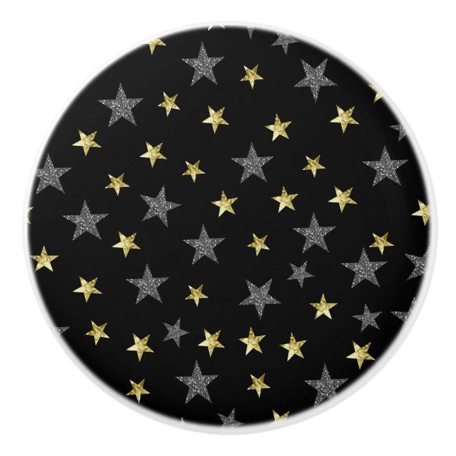 Silver & Gold Stars Black Hollywood Star Glam Ceramic Knob (Front)