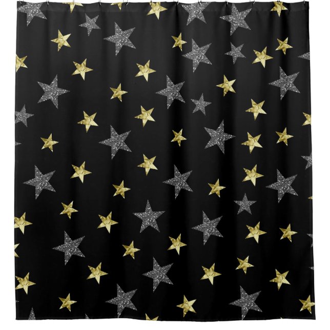 Silver & Gold Stars Black Hollywood Star Glam Shower Curtain (Front)