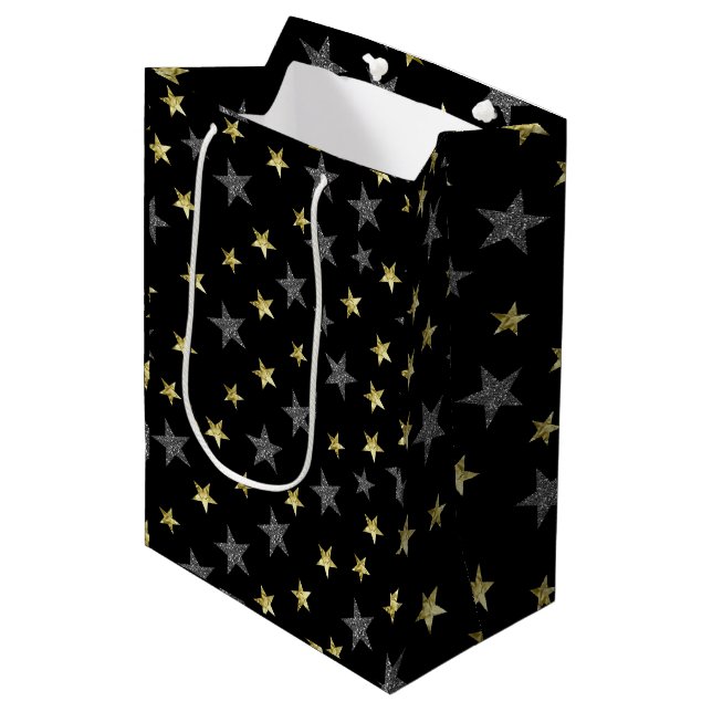 Silver & Gold Stars Black Hollywood Star Party Medium Gift Bag (Front Angled)