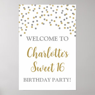 Silver Gold Sweet 16 Birthday Custom 12x18 Poster