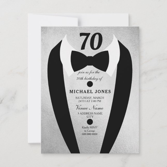 Silver Gold Tuxedo Mens 70th Birthday Party Invite (Front)
