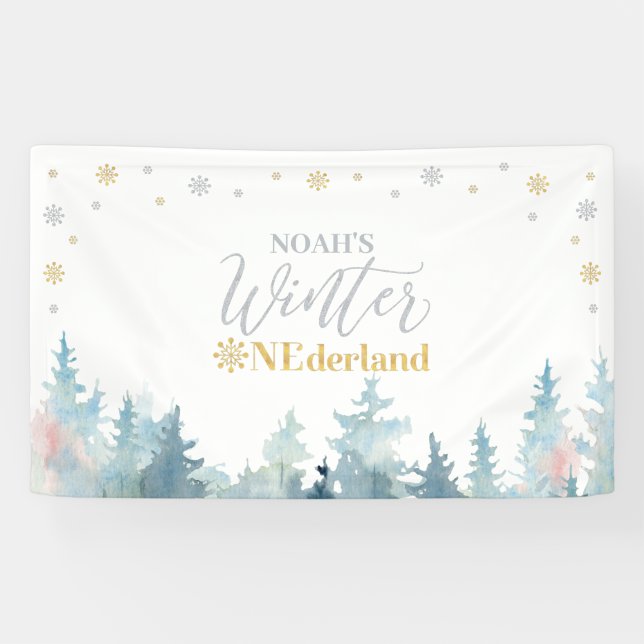 Silver & Gold Winter Onederland 1st Birthday Party Banner (Horizontal)