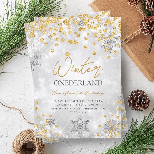 Silver Gold Winter ONEDERLAND Sparkle 1st Birthday Invitation (Silver Gold Winter ONEDERLAND Sparkle 1st Birthday Invitation)