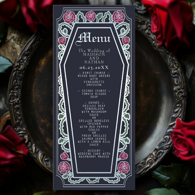 Silver Gothic Coffin Rose Blue Wedding Menu (Creator Uploaded)