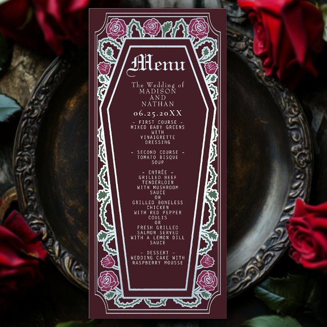 Silver Gothic Coffin Rose Red Wedding Menu (Creator Uploaded)
