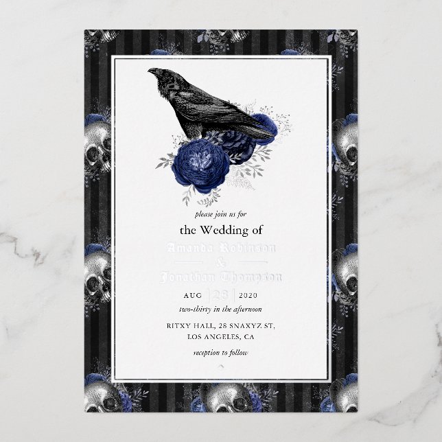 Silver Gothic Floral Wedding Foil Invitation (Front)