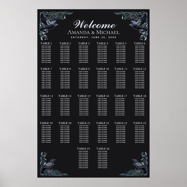 Silver Gothic Raven Wedding Seating Chart (Front)