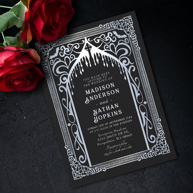 Silver Gothic Vampire Cathedral Wedding Invitation (Creator Uploaded)