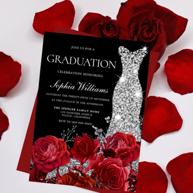 Silver Gown Red Roses Black Graduation Party Invit Invitation (Creator Uploaded)