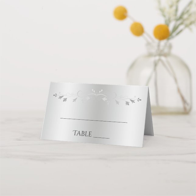 Silver Gradient & Vintage Flourish Elegant Wedding Place Card (Front)