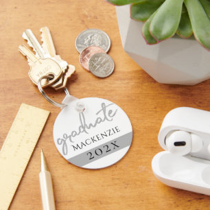 Silver Graduate   Trendy Platinum Brush on White Key Ring