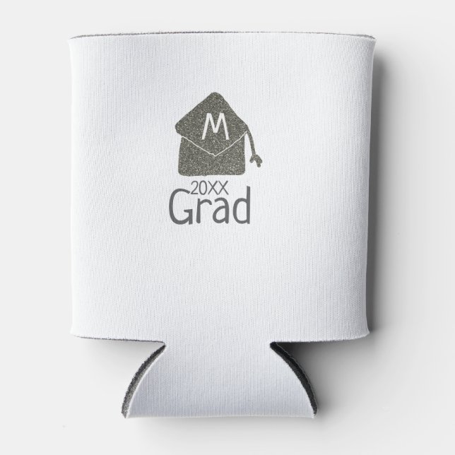 Silver graduation cap glitter add name grad year c can cooler (Front)