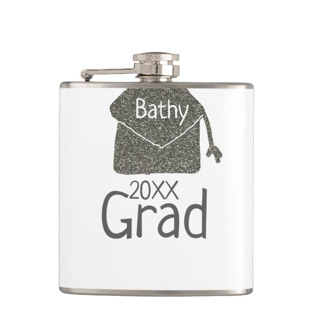 Silver graduation cap glitter add name grad year c hip flask (Front)