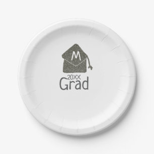 Silver graduation cap glitter add name grad year c paper plate