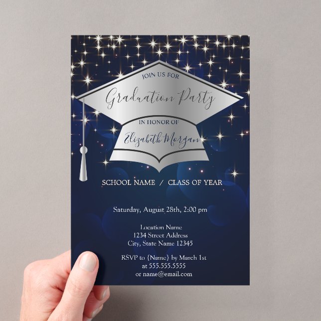 Silver Graduation Cap,Stars Blue Graduation Acrylic Invitations (Insitu (Handheld))