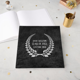 Silver Graduation Laurel on Black Leather Guest Book