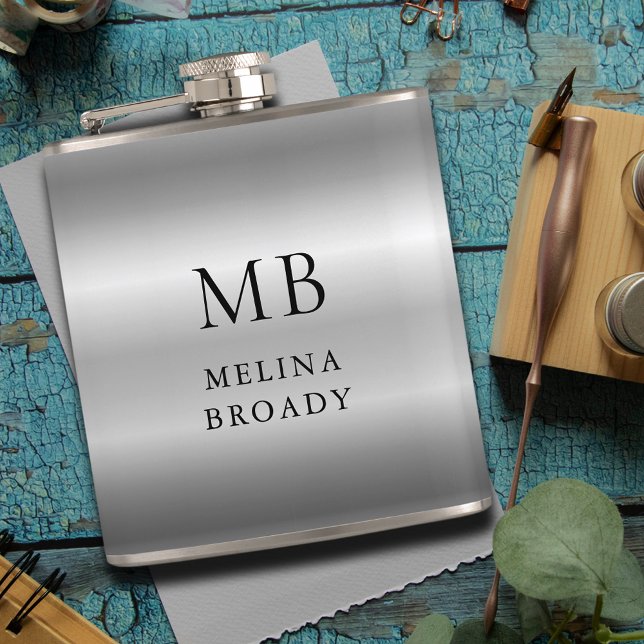 Silver Gray Brushed Faux Metallic Black Monogram Hip Flask (Creator Uploaded)