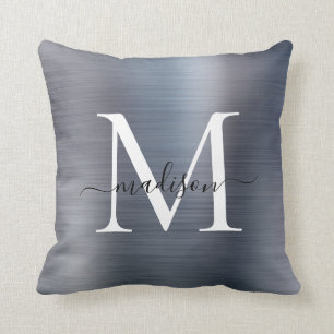 Silver Gray Brushed Metal Girly Script Monogram Cushion