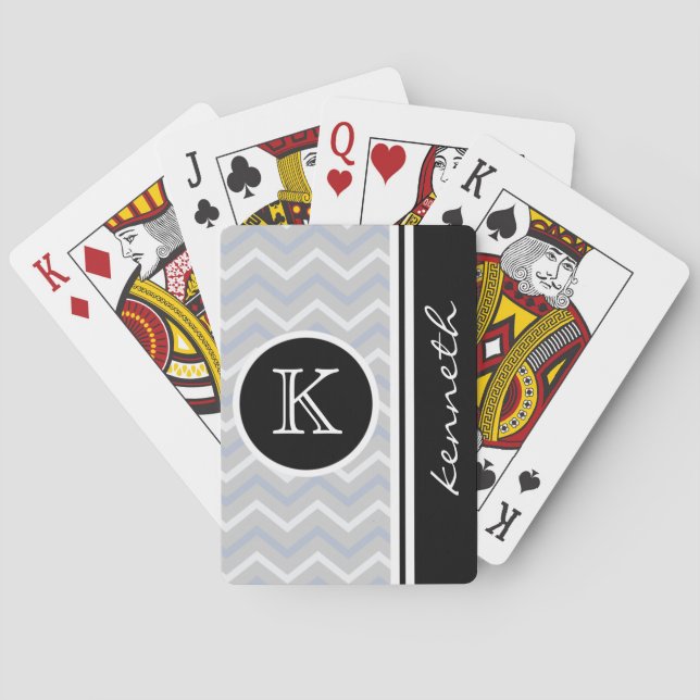 Silver Gray Chevron Black Monogram Name Custom Playing Cards (Back)