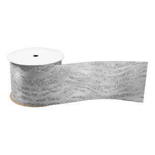Silver Gray Faux Glitter Zebra Stripes Satin Ribbon