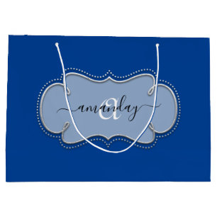 Silver Gray Framed Royal Monogram Name Blue Large Gift Bag
